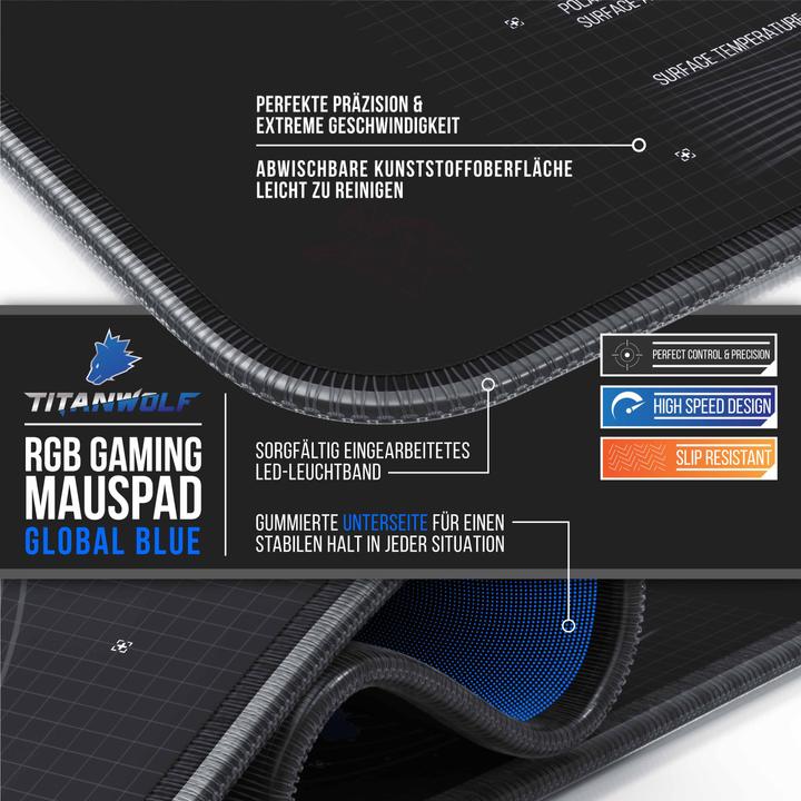 Produktbild Titanwolf RGB Gaming Mauspad, Mausmatte XL 800 x 300mm verbessert Präzision & Geschwindigkeit, Weltkarte blau