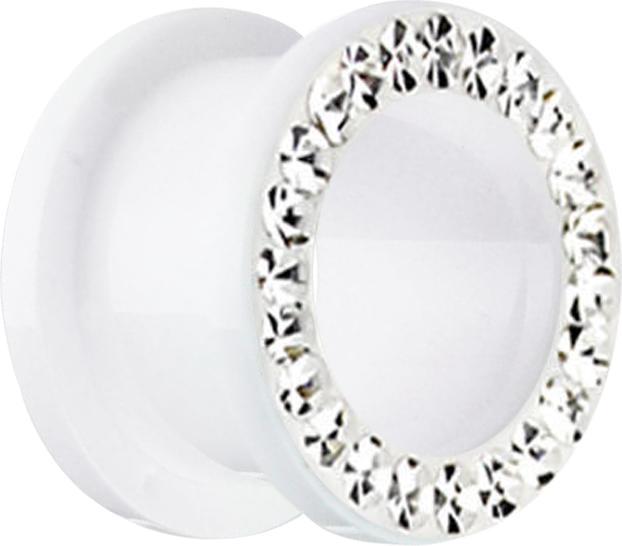 Star Piercing Flesh Tunnel weiss mit Kristall silber und Epoxy Schutzschicht (ohne Messing, Acryl)