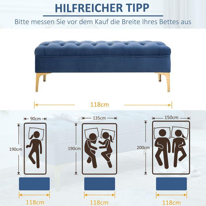 Produktbild Swisshandel24 Sitzbank, Bettbank, Schuhbank mit erhöhten Beine, Schlafzimmer, Samt Blau 118 x 45 x 42 cm (118 cm)