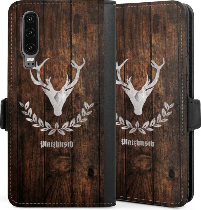 Produktbild DeinDesign Tasche für Huawei P30 Handy Flip Case Wallet Cover Handytasche Leder Hirsch Holz Holzoptik (Huawei P30)