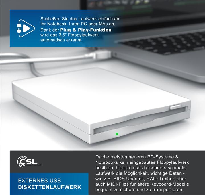 Produktbild CSL USB Diskettenlaufwerk extern, USB Floppy Laufwerk FDD 1,44MB (3,5) für PC & MAC, weiss (Floppy Disk Laufwerk)