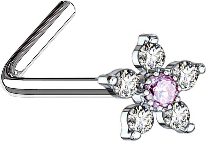 Star Piercing Nasenstecker gewinkelt silber Blume mit Kristall pink und silber (Chirurgenstahl 316L, Messing)