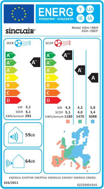 Etichetta energetica Sinclair Pacchetto di installazione dell'aria condizionata n. 3 (80 m², 18000 BTU/h)
