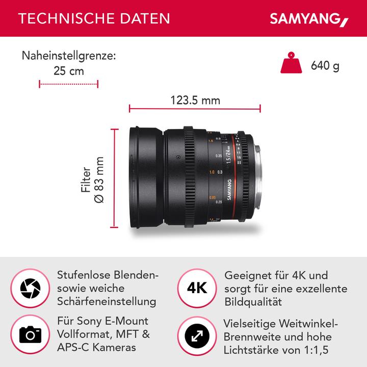 Image du produit Samyang 24mm T1.5 VDSLR II Sony E-Mount (Sony E, Plein format)