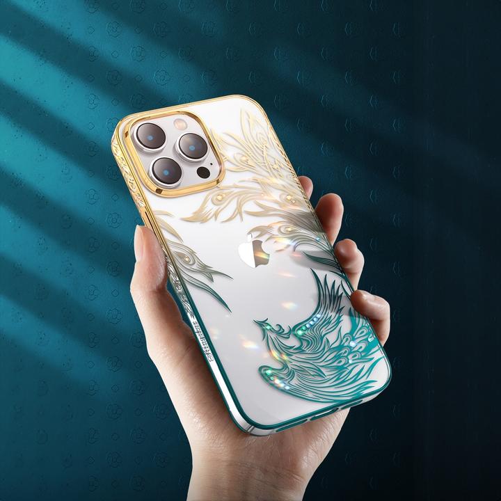 Immagine prodotto Kingxbar Custodia di lusso per iPhone 14 Plus con cristalli Phoenix - Oro e blu (Apple iPhone 14 Plus)