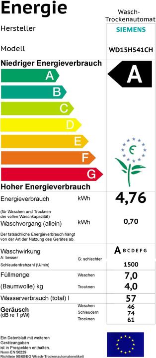 Label énergétique Siemens Wd15h541ch (Fiche CH)