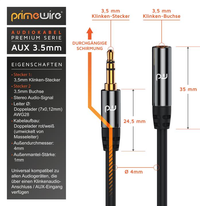 Produktbild Primewire 3,5mm Klinke Audio Kabel, AUX, HiFi Audio Klinkenkabel / Verlängerungskabel (10 m, 3.5mm Klinke (AUX))