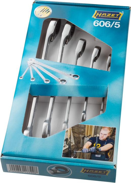 Actual product image HAZET Ratcheting combination wrench set 606/5 ∙ Outside 12-point traction profile ∙ 8 - 19 ∙ Number… (17 mm, 19 mm, 8 mm, 10 mm, 13 mm)
