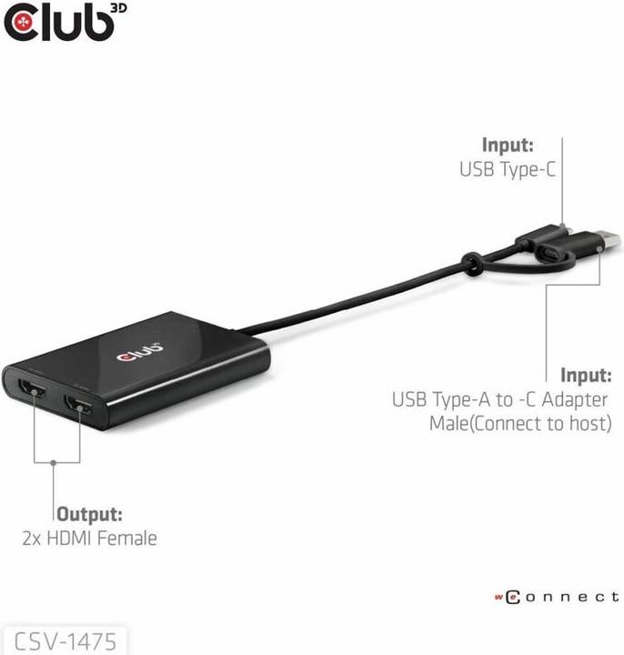 Productafbeelding Club 3D Club3D Adapter USB-C (USB A Adapter) > 2x HDMI 4K@60Hz St/Bu detailhandel (USB Type-C, 9 cm)