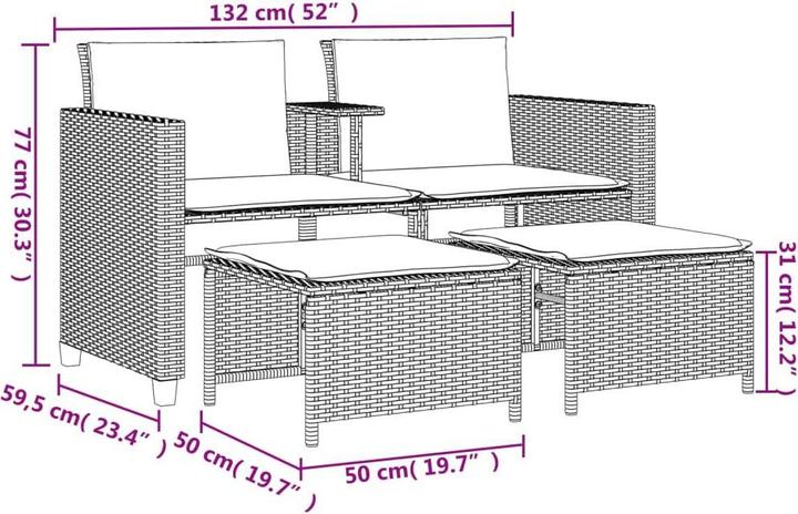 Produktbild VidaXL Gartensofa 2-Sitzer mit Tisch und Hockern