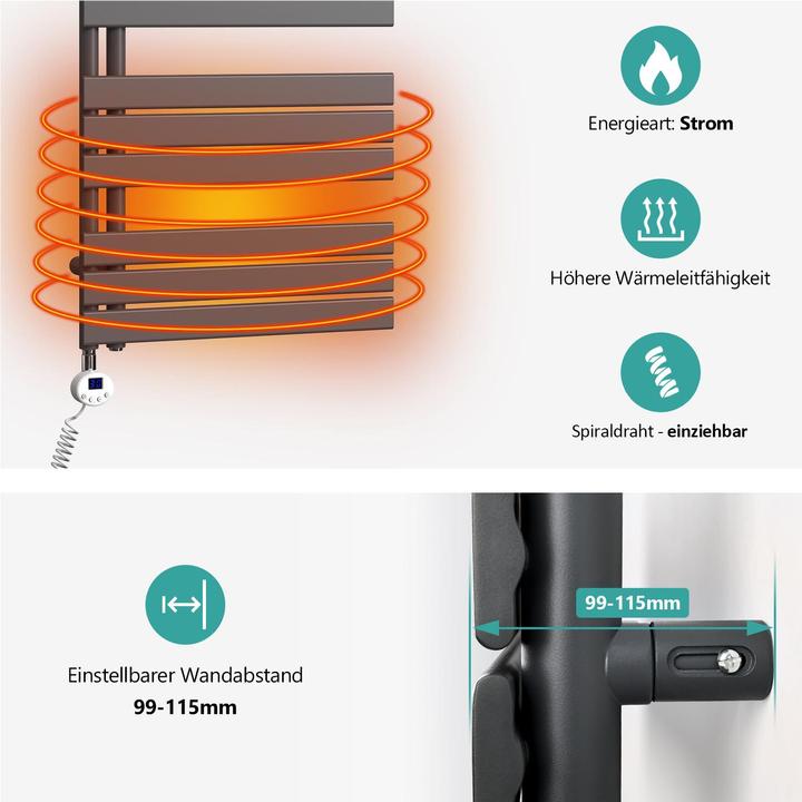 Produktbild Emke Elektrischer Handtuchwärmer mit Heizstab und Timer, Anthrazit 762x400mm 400W (400 W)