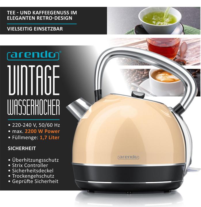 Produktbild Arendo Wasserkocher 1,7 l, 2200 W, Edelstahl, Retro Style, Vintage, Überhitzung & Trockenkochschutz, beige (1.70 l)