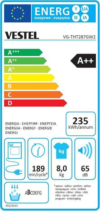 Energie-Label Vestel VG-THT287GW2 (8 kg, Rechts)