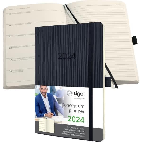 Sigel Bloc-notes hebdomadaire 2024 C2424 black, 2S/1W, SC, A5 (A5, Couverture rigide, Allemand)