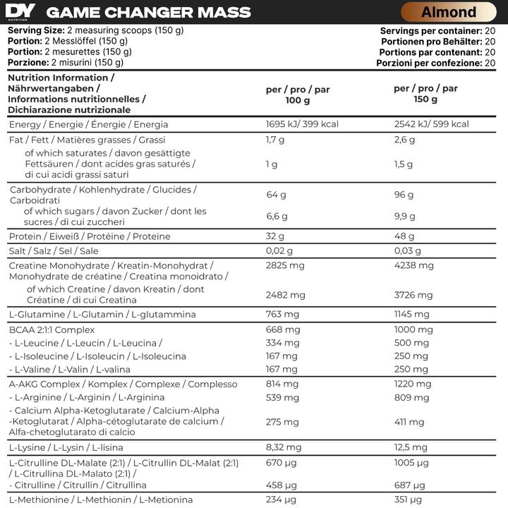 Valori nutrizionali e ingredienti DY Nutrition Cambiamento di massa (Mandorle, 1 pz., 3000 g)