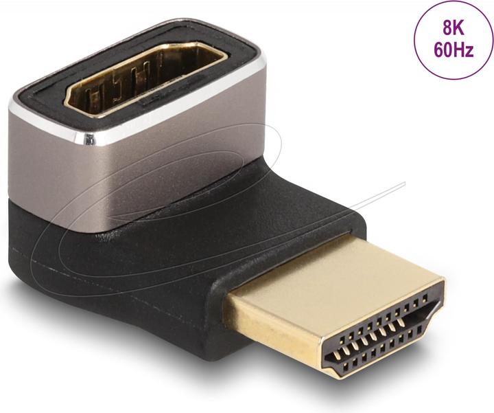 Actual product image Delock HDMI adapter plug to socket 90° angled down 8K 60 Hz grey metal (HDMI, 3.01 cm)