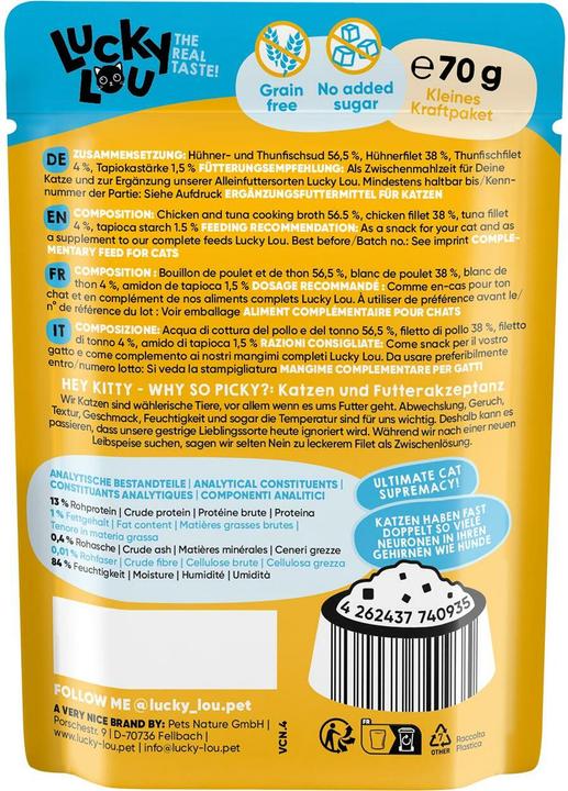 Valeurs nutritives et ingrédients Lucky Lou Filet de poulet-&thon en bouillon 70g (Adulte, 1 pcs, 70 g)