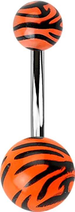 Star Piercing Banane mit zwei Kugeln im Tigermuster orange (Chirurgenstahl 316L, Acryl, ohne Messing)