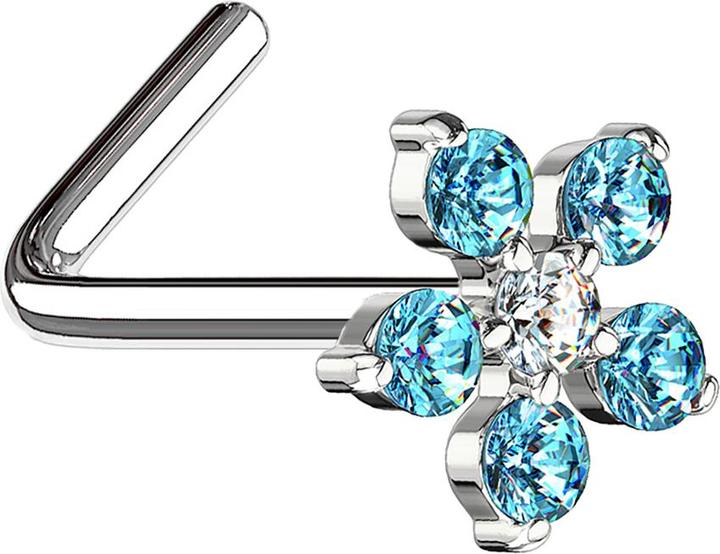 Star Piercing Nasenstecker gewinkelt silber Blume Kristall aqua (Chirurgenstahl 316L, Messing)
