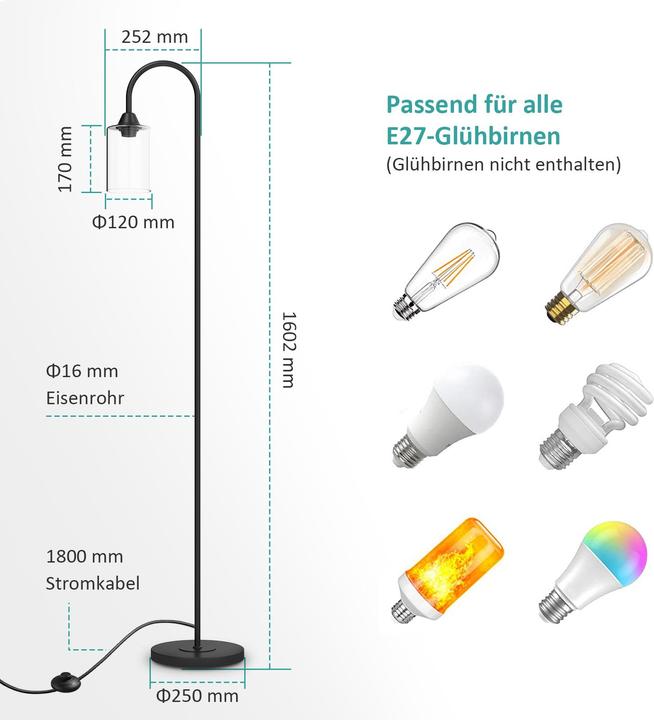 Actual product image Emke Kyle Floor Lamp, E27 Glass Floor Lamp with Foot Switch, Black (E27)