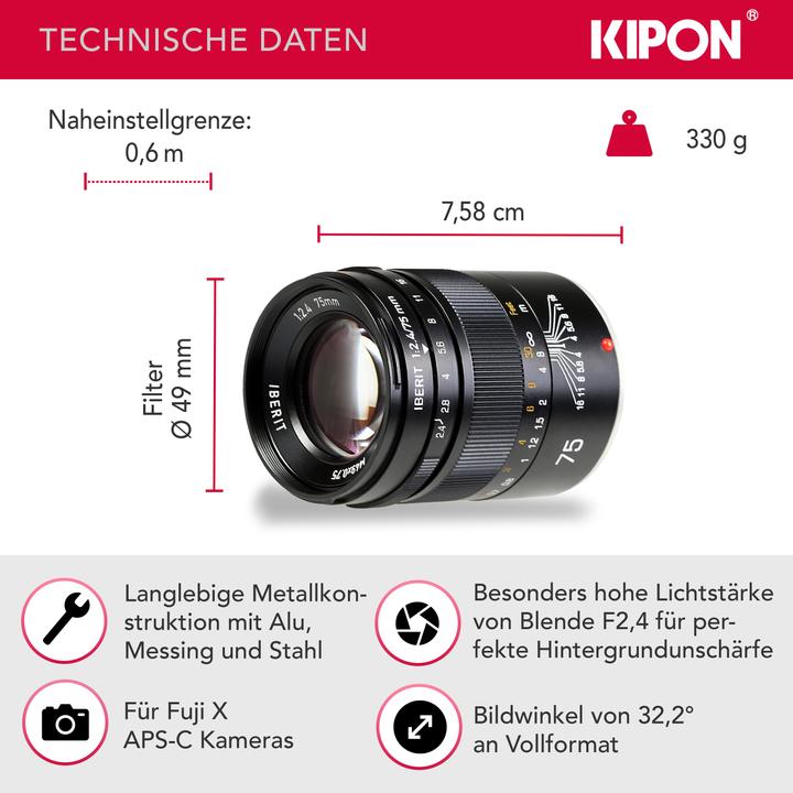 Actual product image Kipon Iberit 75/2.4 full frame Fuji X (Fujifilm X, full size)