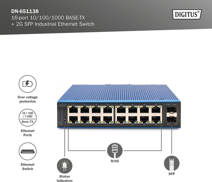 Image du produit Digitus Commutateur industriel Ethernet 16 ports 10/100/1000BASE-TX + 2G SFP (16 Ports)