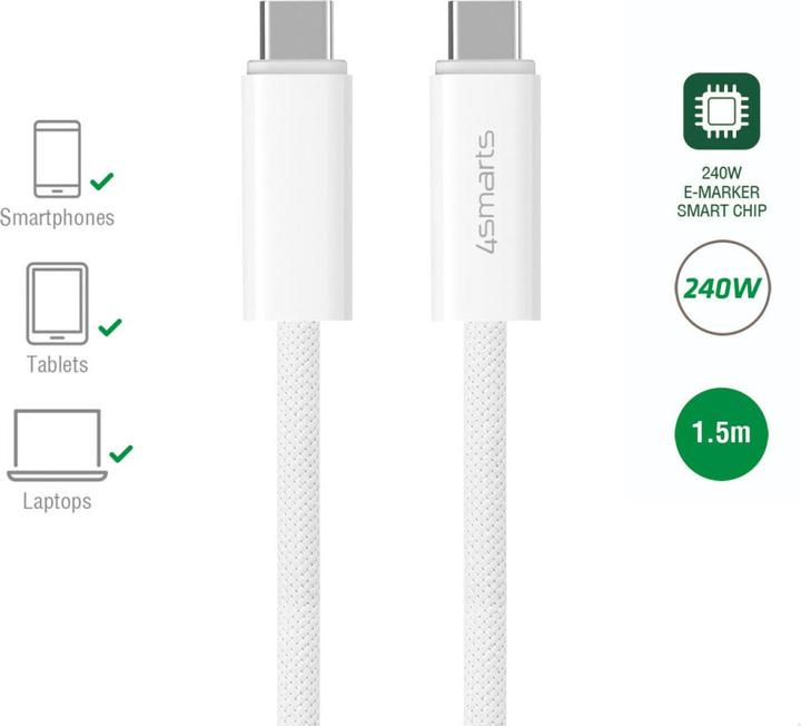 Produktbild 4smarts USB-C Kabel PremiumCord 240W 1.5m weiss (1.50 m, USB 3.2 Gen 1, 240 W)