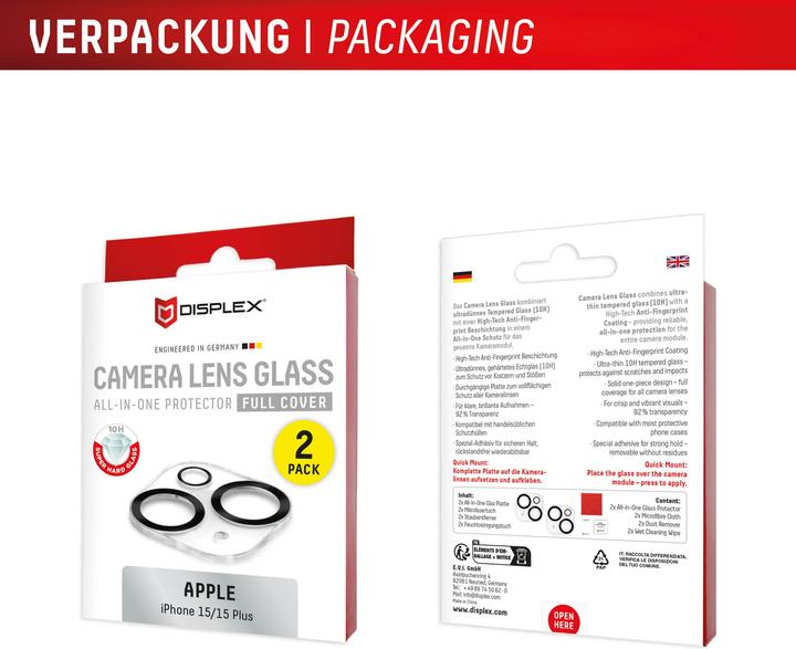Image du produit Displex Full Cover Camera Lens Glass, Kamera Schutzglas, Platte, Doppelpack (2 pièce(s), Apple iPhone 15 Plus, Apple iPhone 15)