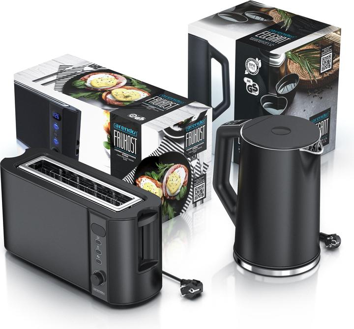 Produktbild Arendo Frühstücks Set, Edelstahl Wasserkocher 1,5l Temperaturwahl & 2-Scheiben Langschlitz Toaster, Schwarz (1.50 l)