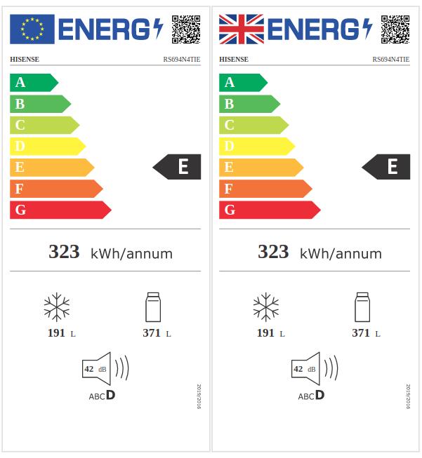 Label énergétique Hisense RS694N4TIE Réfrigérateur Side-by-Side Pose libre E Acier inoxydable (562 l)