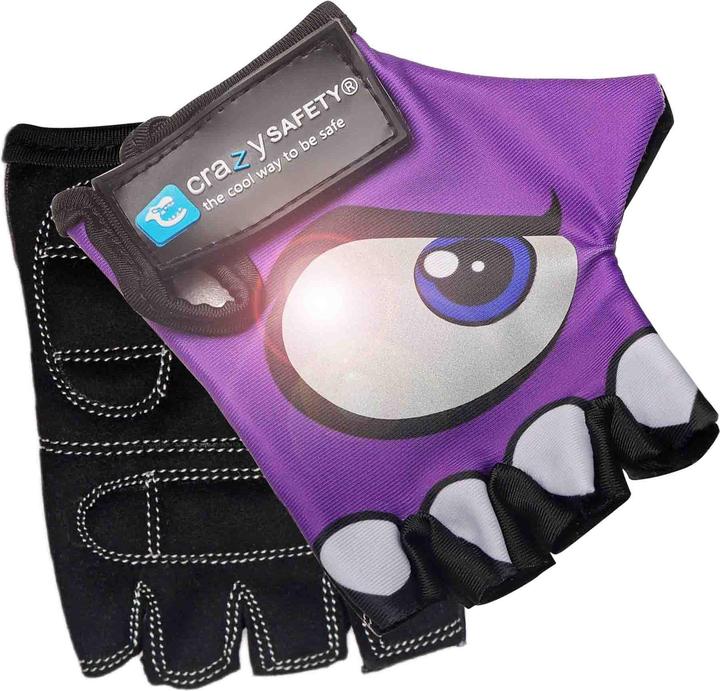 Crazy Safety Purple kids bike gloves with reflective eyes, padded palms - Purple - Size S (S)