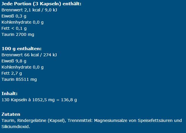 Nutritional values and ingredients IronMaxx Taurine (130 Piece, Capsules)