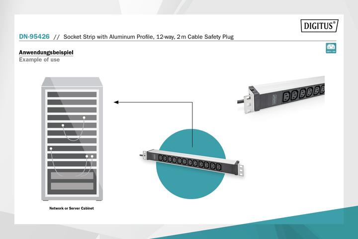 Produktbild Digitus 1U Aluminum PDU rackmountable 12xC13 16A 230VAC 50/60Hz Safety plug