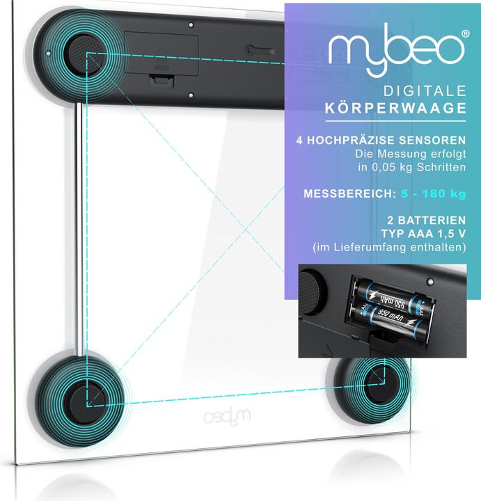 Image du produit Mybeo Digitale Waage für Personen, grosse Trittfläche aus 6mm Sicherheitsglas, Digitalwaage, Personenwaage (180 kg)