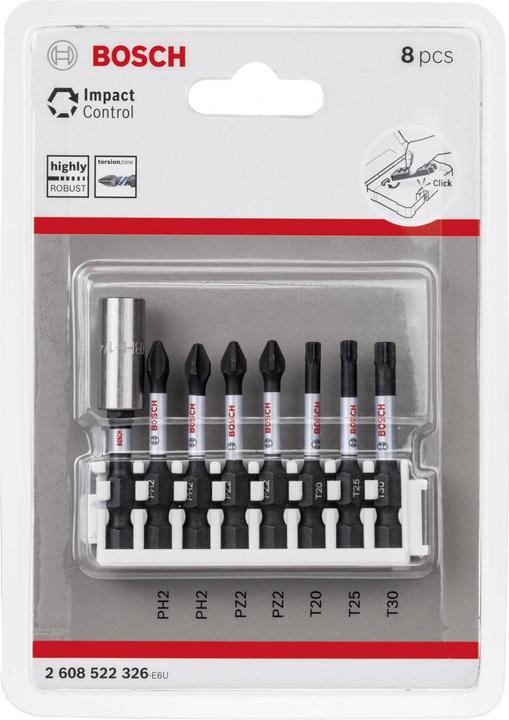 Produktbild Bosch Professional Zubehör Schrauberbit Impact Control Power Bit Pack, 8-tlg. T20, T25, T30, 2x PH2, 2x PZ2 (Kreuz Phillips PH M2, Innensechsrund TX M20, Innensechsrund TX M25, Innensechsrund TX M30, Kreuz Pozidriv PZ M2)
