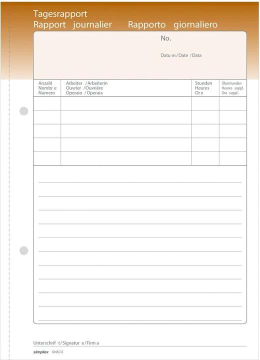 Simplex Cahier autocopiant Rapports journaliers Oneco (100 x)