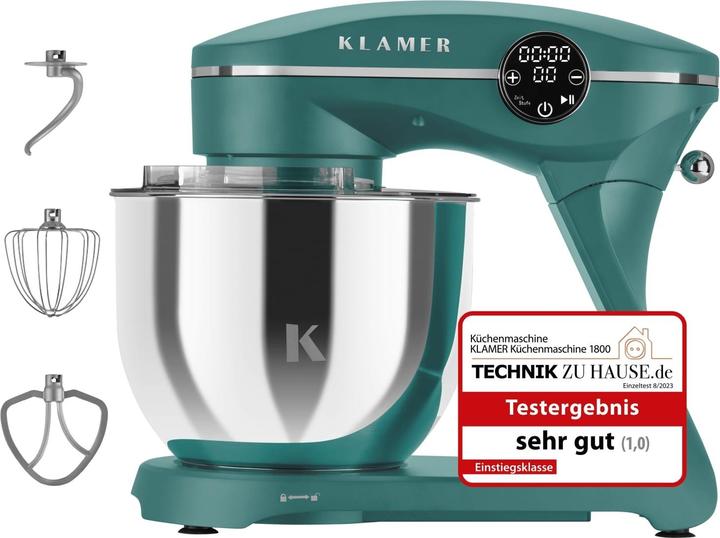 KLAMER Küchenmaschine, Knetmaschine mit 6 Liter Edelstahl Schüssel (1800 W)