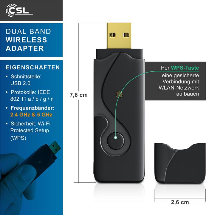 Image du produit CSL Adaptateur USB WLAN 600 MBit/s Dual Band Stick WiFi Adapter 300 Mbps 2.4GHz 300 Mbps 5GHz Windows 11 (USB 2.0)