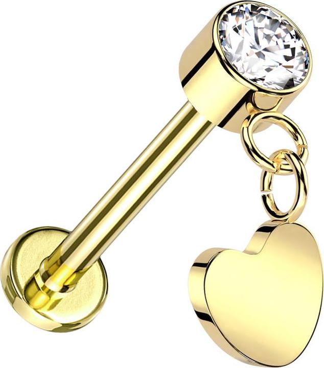 Star Piercing Micro Threadless Labret vergoldet Zylinder vergoldet Kristall silber Anhänger Herz vergoldet (Titan G23, ohne Messing)