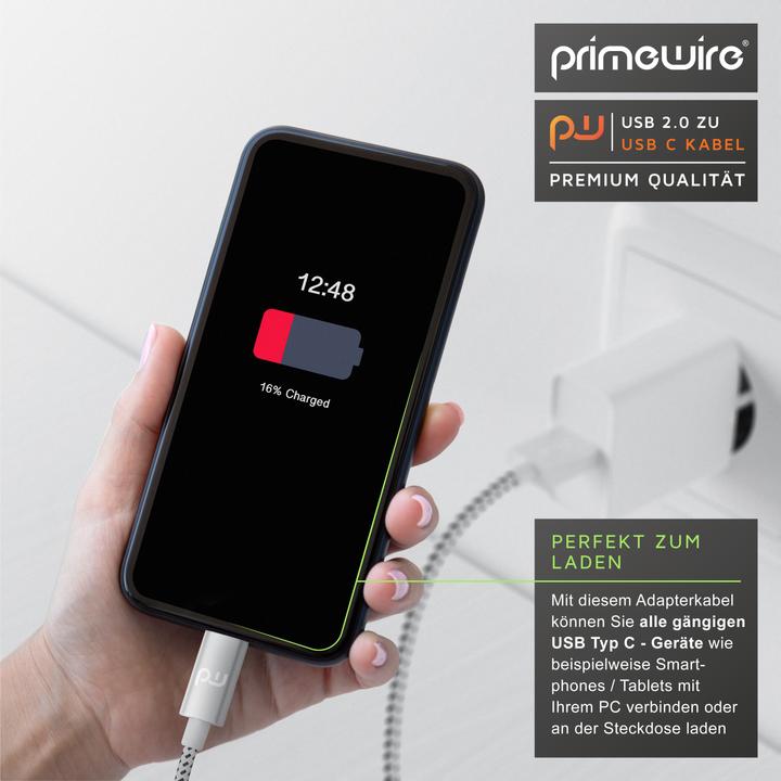 Produktbild Primewire USB-C 3.1 Kabel - Typ C zu Typ A Datenkabel, Ladekabel - Nylonmantel - bidirektional - Geschirmt (2 m, USB 2.0)