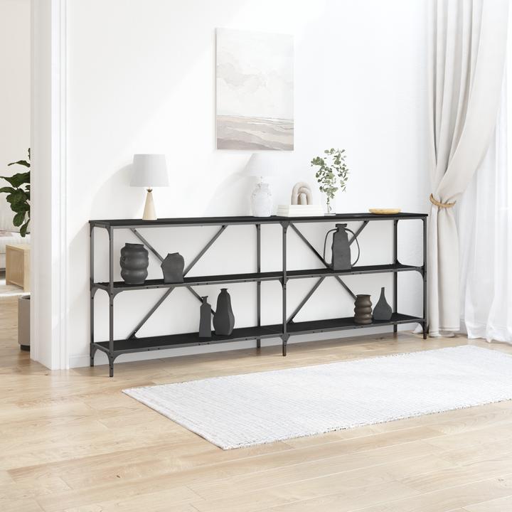 Produktbild VidaXL Konsolentisch Schwarz Eiche 200x30x75 cm aus Spanplatte und Stahl (200 x 30 x 75 cm)
