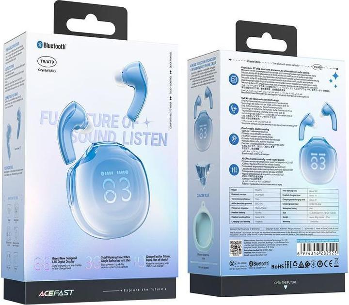 Actual product image Acefast Earphones TWS T9, Bluetooth 5.3, IPX4 (glacier blue) (6.50 h, Cable)