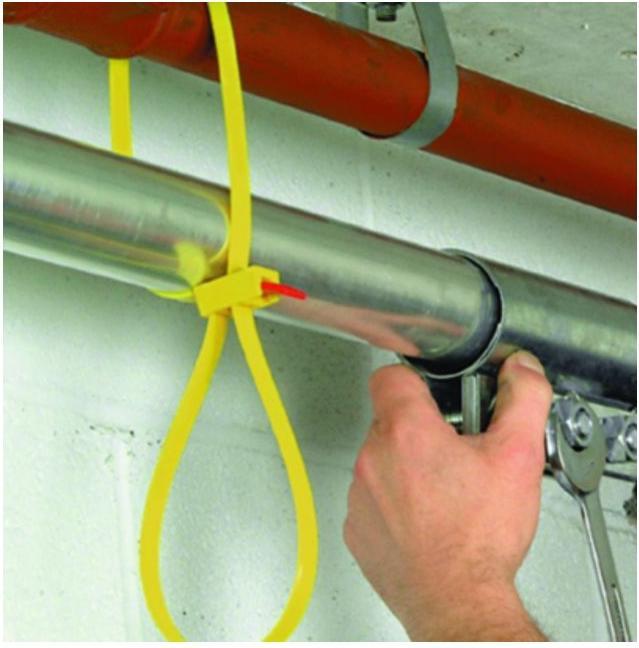Actual product image HellermannTyton Cable tie SpeedyTie® (L x W) 750 mm x 13 mm SPEEDYTIE-PA66-YE-V1 Color: Yellow, Red 5 pcs. (Plastic cable ties, 750 mm, 5 pcs.)