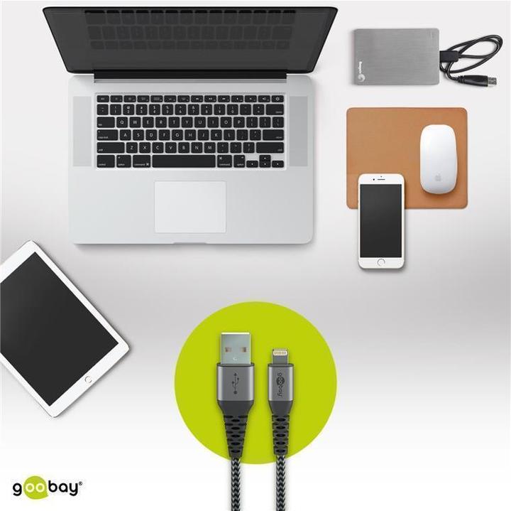 Produktbild Goobay Lightning auf USB-A Textilkabel mit Metallsteckern (space grau/silber) 1 m, 1 m, Schwarz-Grau (1 m, USB 2.0)