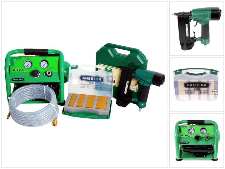 Produktbild Prebena Komplettpaket 2P-J50SDS Druckluftnagler + Druckluftschlauch 10m + Kompressor VITAS 45 +