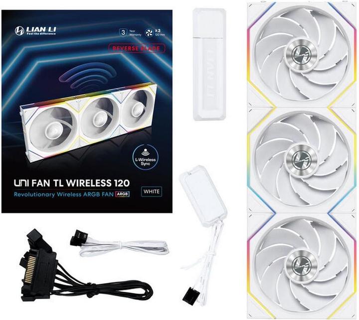 Actual product image Lian-Li UNI FAN TL Wireless Lüfter, ARGB, PWM, 3er-Pack - Reverse Blade, 120mm, weiss (120 mm, 3 x)