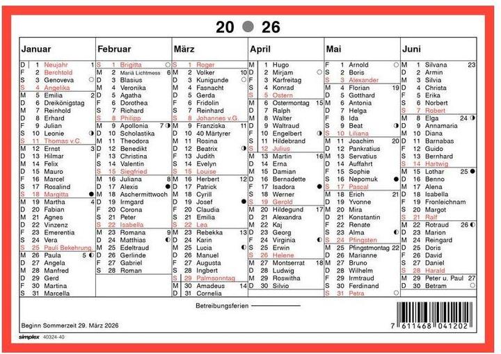 Produktbild Simplex Kalender mit Namenstagen A5 Querformat, 2026 (A5, Deutsch)