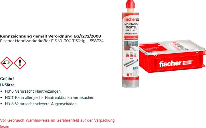 Actual product image Fischer Assembly mortar FIS VL 300 T vinyl ester 2K mortar ( 558724 ) + 10x cartridges + 20x static...