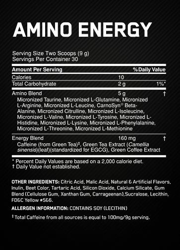 Valori nutrizionali e ingredienti Optimum Nutrition Energia Amino (Fusione di frutta, 1 pz., 270 g)