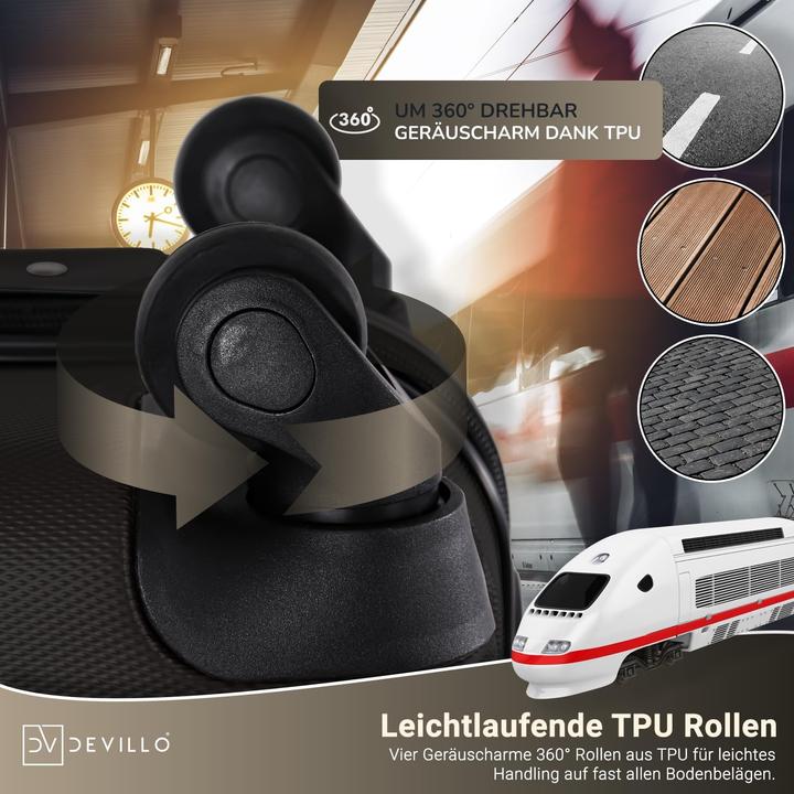 Produktbild Devillo 4-teiliges Hartschalenkofferset mit Teleskopgriff (120 l, Handgepäck (bis 50l), M (50 - 90l), L (90 - 115l), XL (ab 115l))